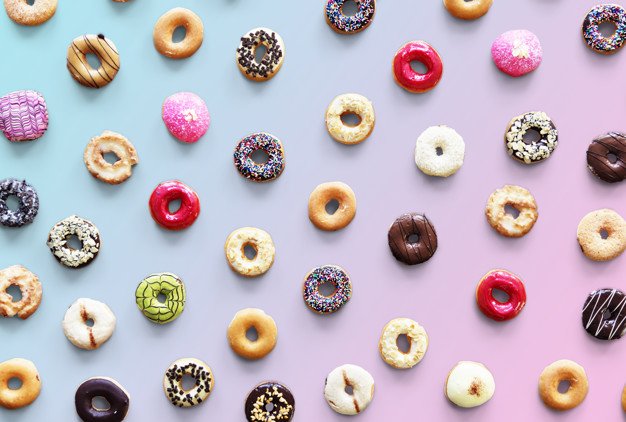 Varities of donut flavor shot in aerial view